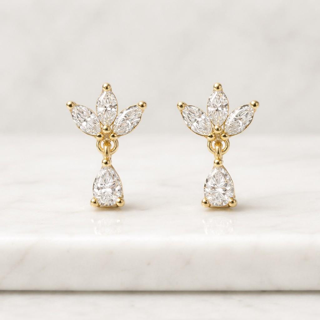 Pear Cut Diamond Drop Earrings, 14K Yellow Gold Teardrop Halo Dangle Earrings, Bridal Wedding Jewelry, Gift for Her Diamond Unique Earrings
