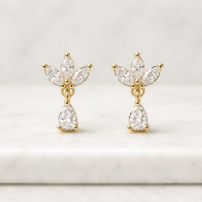 Pear Cut Diamond Drop Earrings, 14K Yellow Gold Teardrop Halo Dangle Earrings, Bridal Wedding Jewelry, Gift for Her Diamond Unique Earrings
