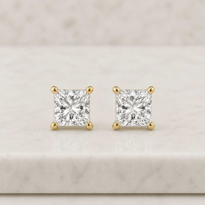 14K Solid Gold Princess Cut Screwbacks Studs | Gold Princess Solitaire Earrings | Gold Princess CZ Studs | Free Shipping 3mm 4mm 5mm 6mm 7mm
