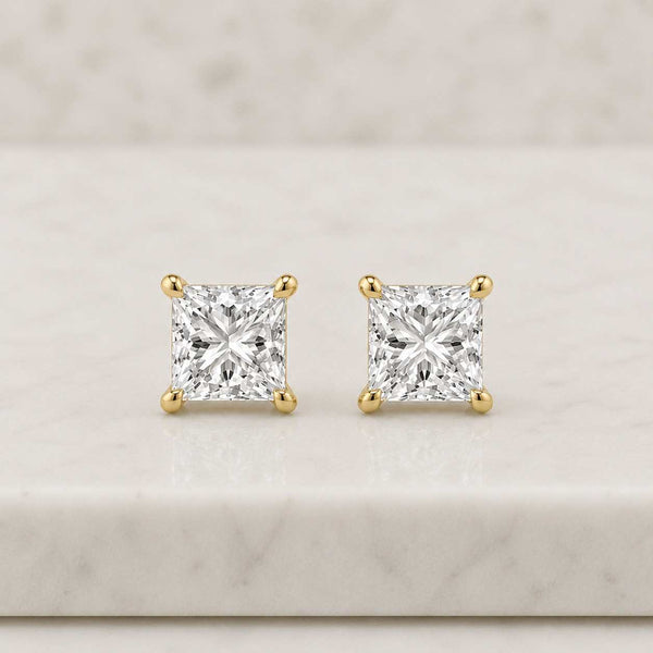 14K Solid Gold Princess Cut Screwbacks Studs | Gold Princess Solitaire Earrings | Gold Princess CZ Studs | Free Shipping 3mm 4mm 5mm 6mm 7mm
