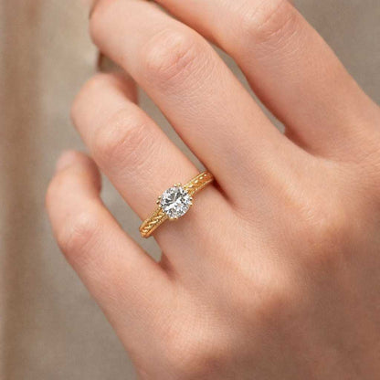 Round Cut Solitaire Engagement Ring, Vintage Floral Milgrain Band, Antique Style Bridal Ring, Unique Proposal Ring
