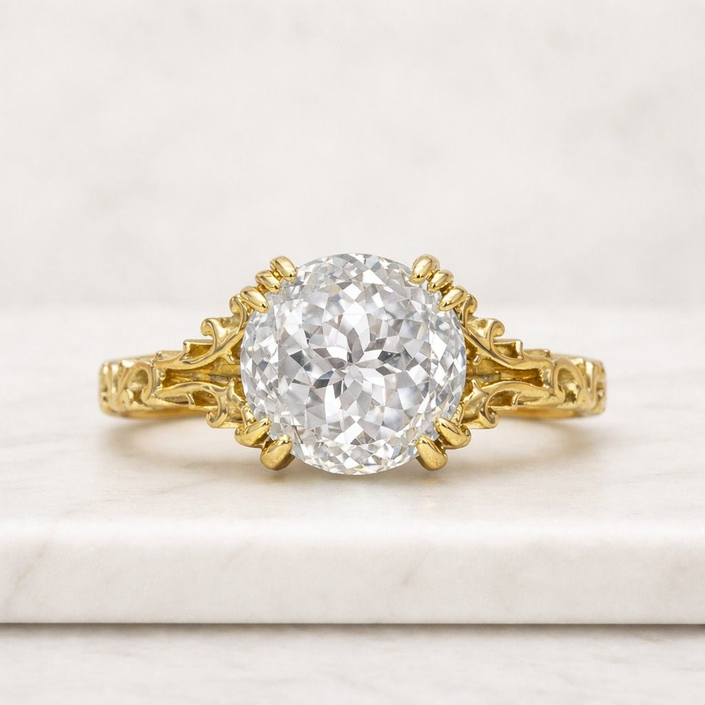 solid gold crushed ice cushion cut moissanite engagement ring, vintage style