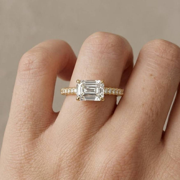 2CT East to West Emerald Cut Solitaire Ring, 14k Solid Gold Anniversary Band