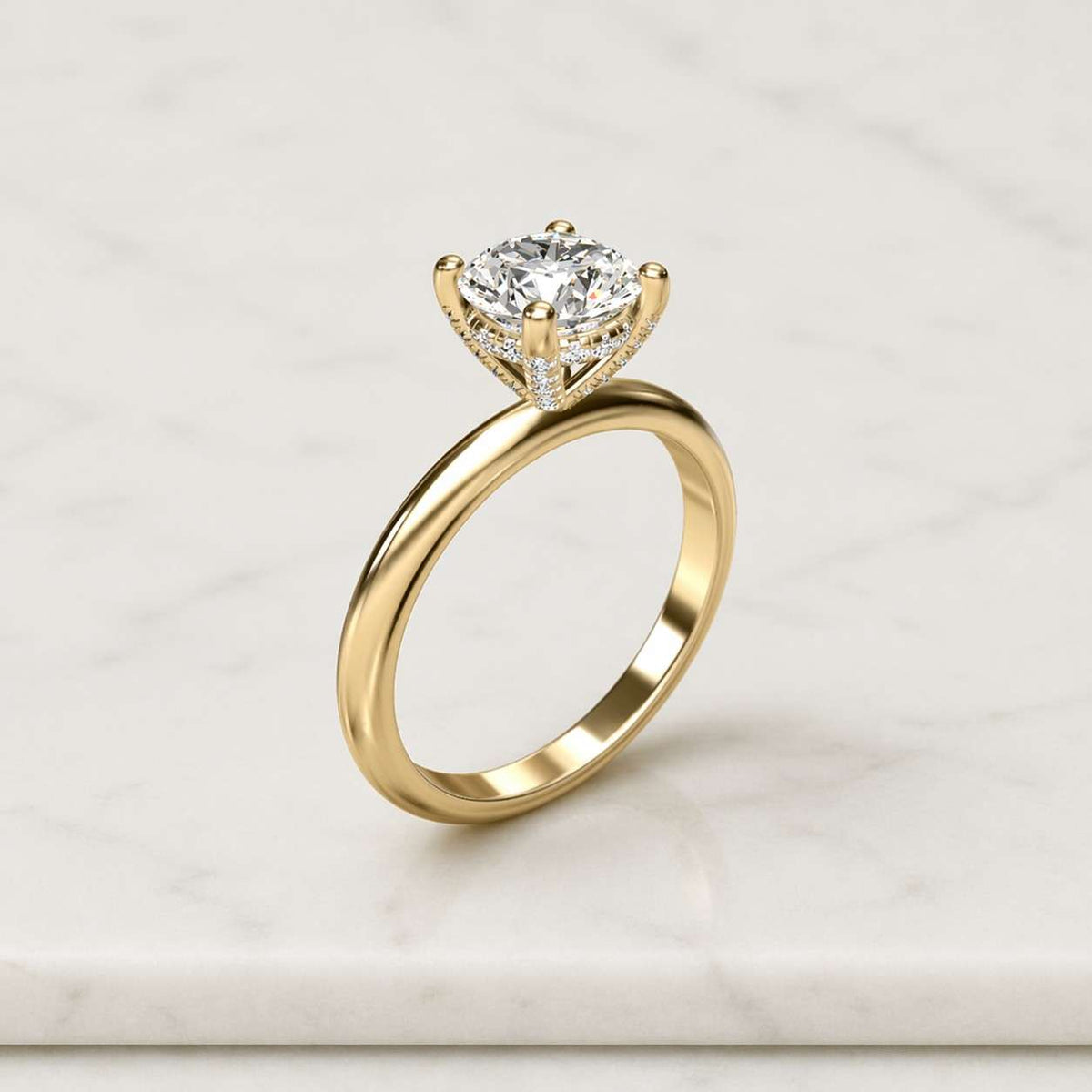 Solid Gold Round Cut Moissanite Engagement Ring, Half Pave & Hidden Halo Solitaire Ring, 