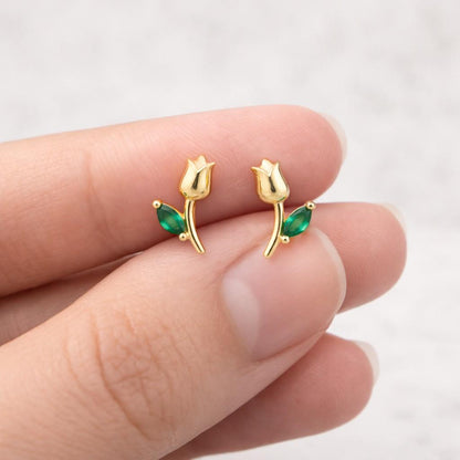 gold floral stud earrings emerald marquise gemstone dainty minimalist earrings for women everyday jewelry small gold studs gift for her nature inspired jewelry