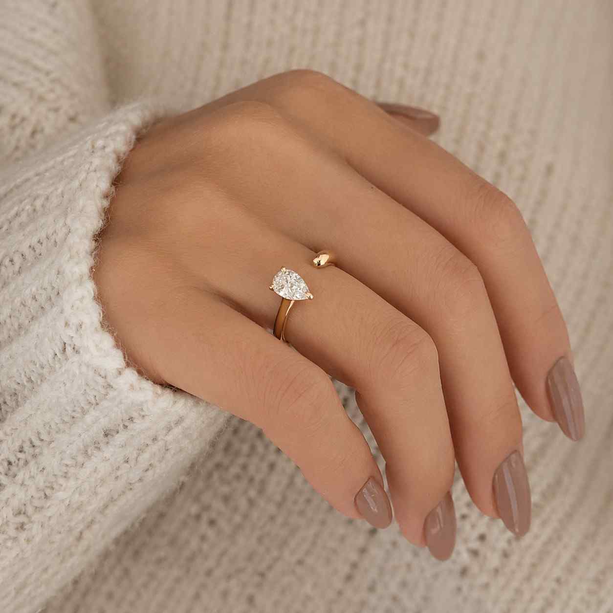 East To West 9X6MM Pear Cut Moissanite Diamond Ring, Half Bezel Set Ring, Open Cuff Wedding Ring In 925 Silver, Bypass Style Ring, Gift
