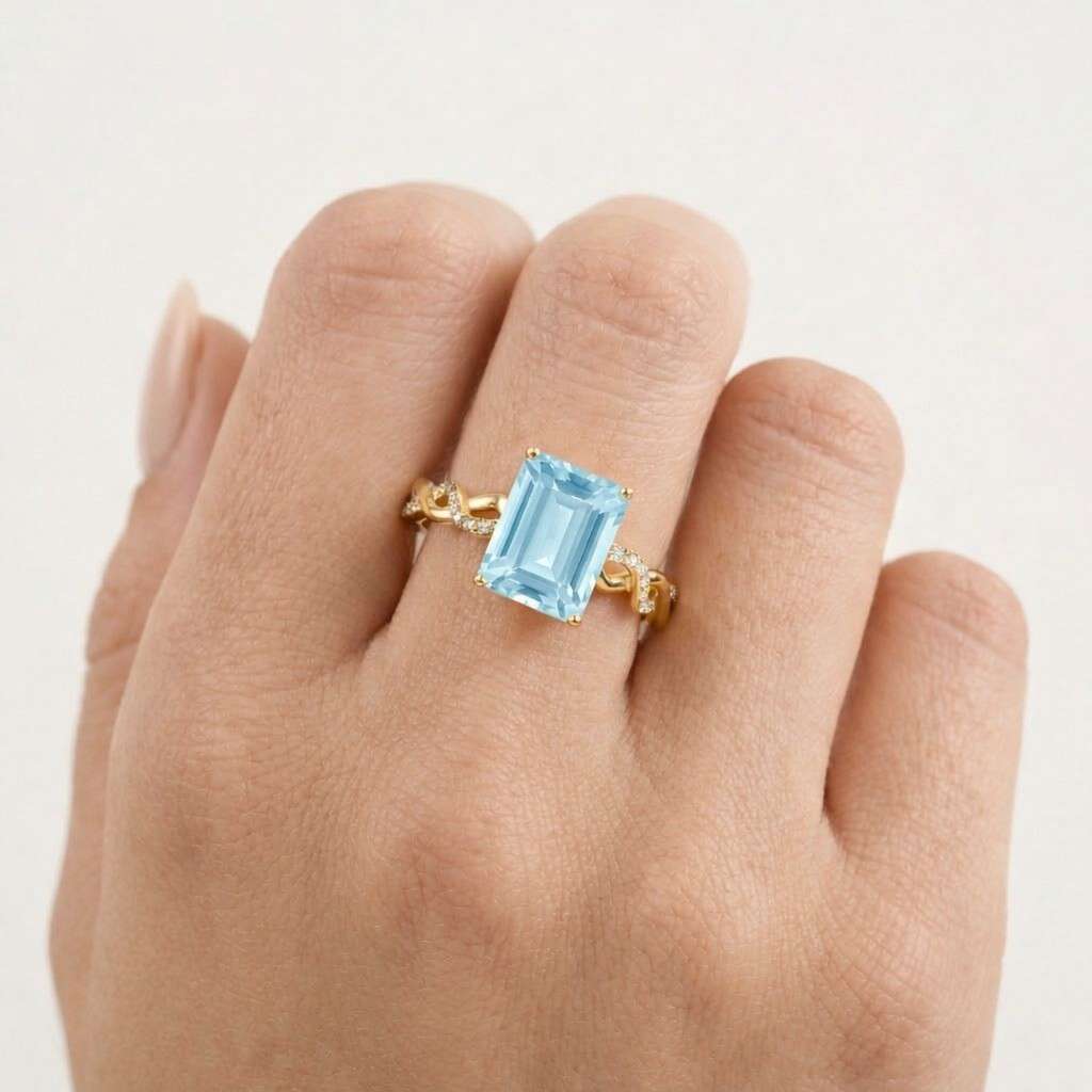 aquamarine ring, emerald cut, march birthstone,sterling silver wedding ring for women
