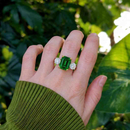 Emerald Cut Lab Green Emerald Engagement Ring Solid 14K Yellow Gold Rings May Birthstone Anniversary Gift Green Gemstone Ring Solitaire Ring