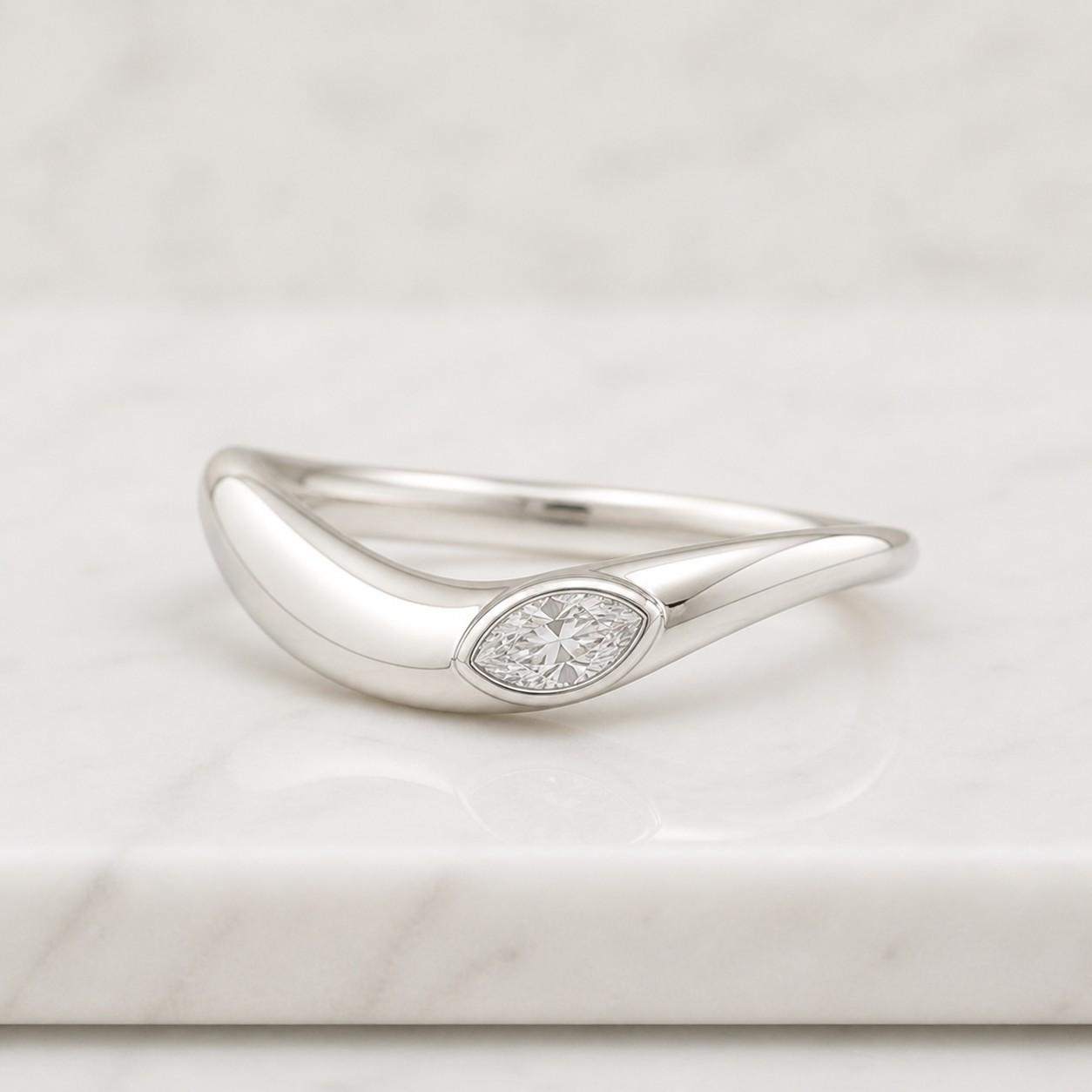 Unique curved wedding band Marquise Cut Rose Gold Diamond Bridal Band Vintage Wedding Ring Moissanite Stacking Matching Chevron Band Custom