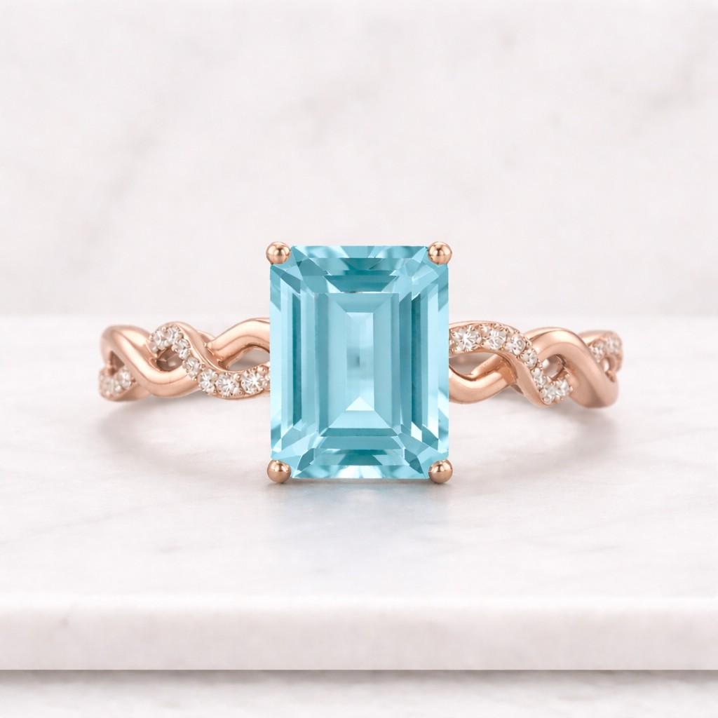 emerald cut aquamarine engagement ring, solitaire twist band ring, march birthstone promise ring gift for her
