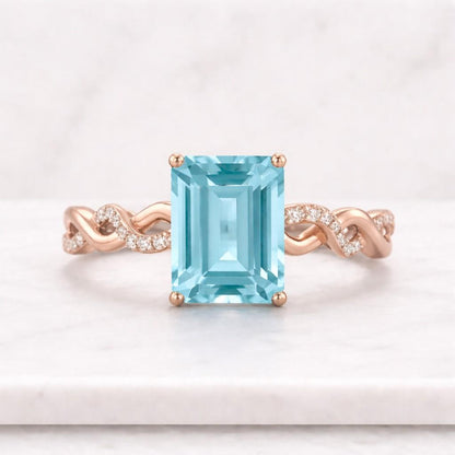 Emerald Cut Aquamarine Engagement Ring, Solitaire Twist Band Ring, March Birthstone Promise Ring Gift for Her
