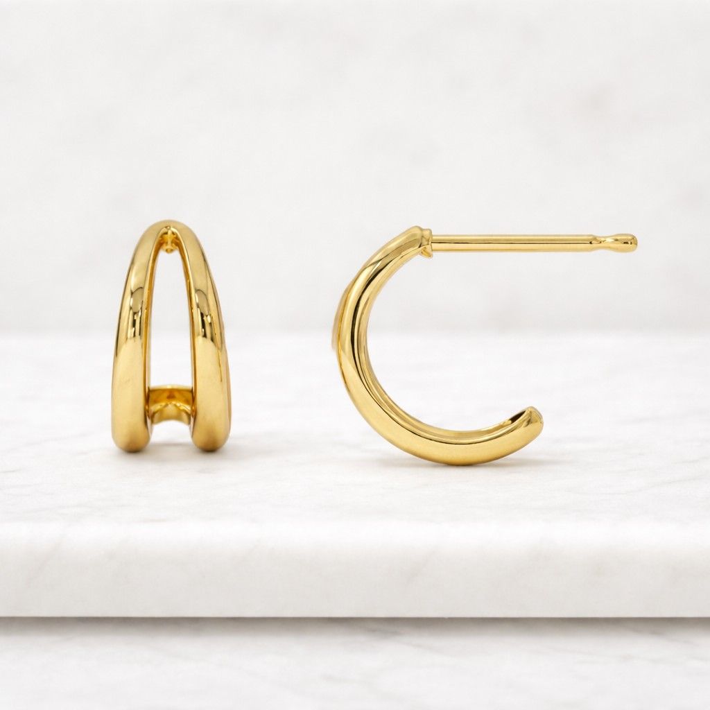 10K Gold Double Hoop Huggie Diamond Earrings Pave Minimal Wedding Jewelry
