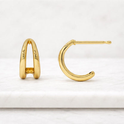 10K Gold Double Hoop Huggie Diamond Earrings Pave Minimal Wedding Jewelry

