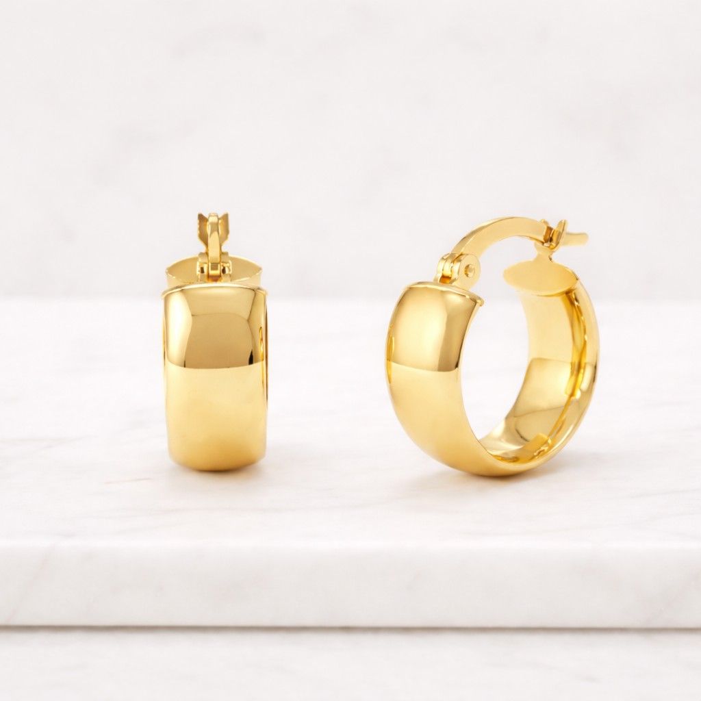 14k gold hoop earrings - hollow italian gold earrings - 6mm wide hoops - lightweight 14k flat hoops - shiny round hoops - classic gold hoops
