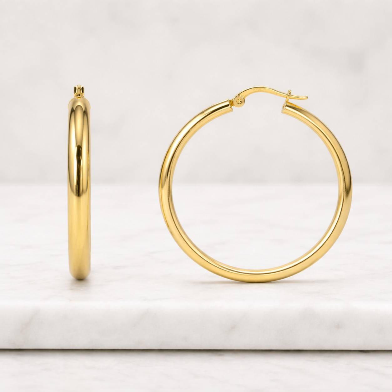 14k gold hoop earring set: polished real gold, 1.5mm thick