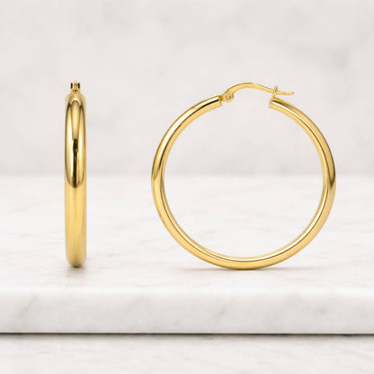 14K Gold Hoop Earring Set: Polished Real Gold, 1.5mm Thick