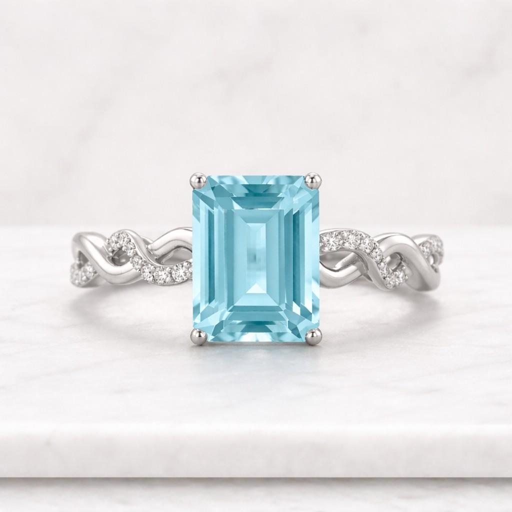 Vintage emerald cut natural Aquamarine engagement ring solid 14k yellow gold eternity infinity Twisted diamond wedding bridal ring women
