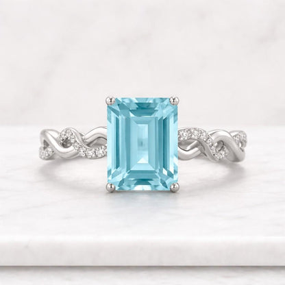 Vintage emerald cut natural Aquamarine engagement ring solid 14k yellow gold eternity infinity Twisted diamond wedding bridal ring women
