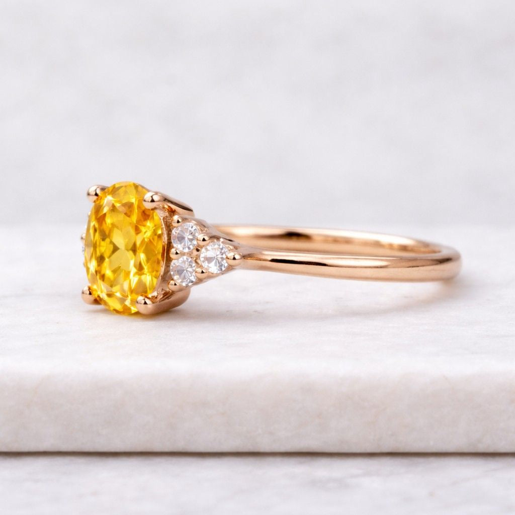Oval Cut Yellow Diamond Engagement Ring with Pear Accents in 14K White Gold