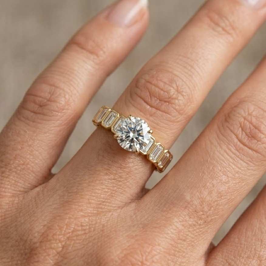 3CT Lab Grown Diamond Engagement Ring Round Cut Pave Band White Gold Solitaire Ring
