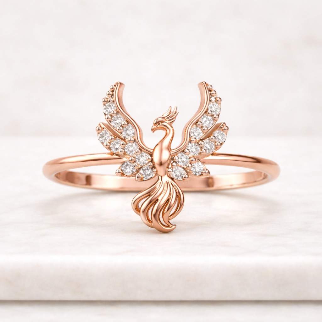 gold phoenix ring for women lab grown diamond ring 18k gold symbolic rebirth jewelry gift for her phoenix bird ring delicate diamond accent gold band modern fine jewelry usa trending ring design meaningful jewelry women everyday wear ring