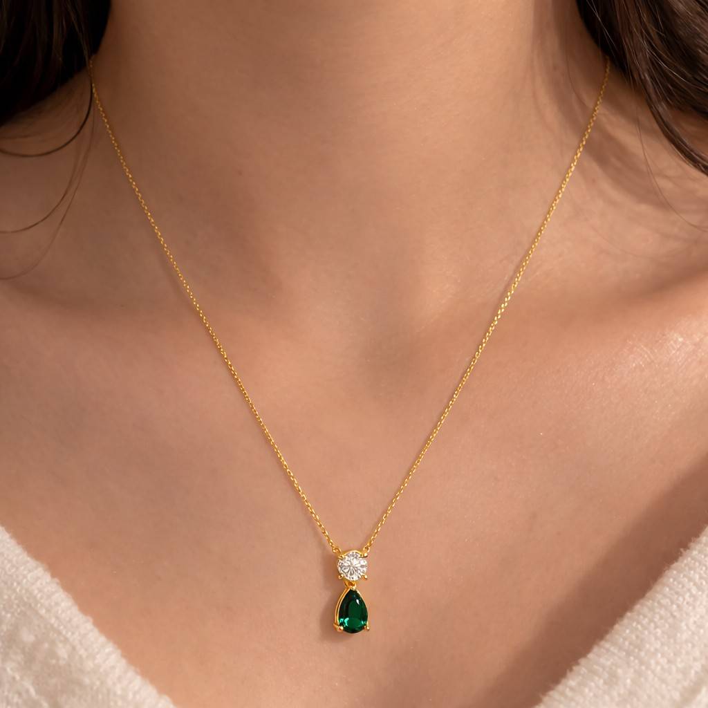 14Kt Gold Emerald Necklace, Emerald Teardrop Necklace, Lab Grown Diamond Emerald Pendant, May Birthstone Necklace, Emerald Gold Necklace