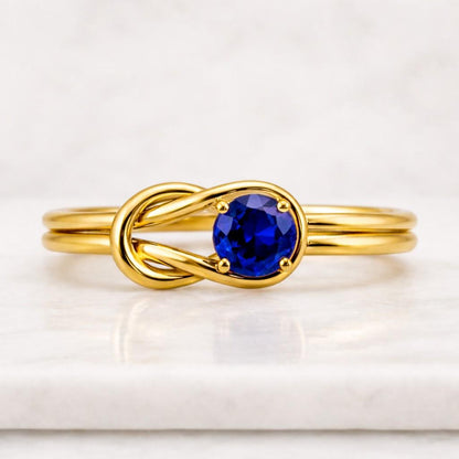Natural Blue Sapphire Knot Solitaire Ring, 6mm Round Moissanite Solitaire Infinity Ring, Handmade Designer Criss Cross Knot Ring For Women
