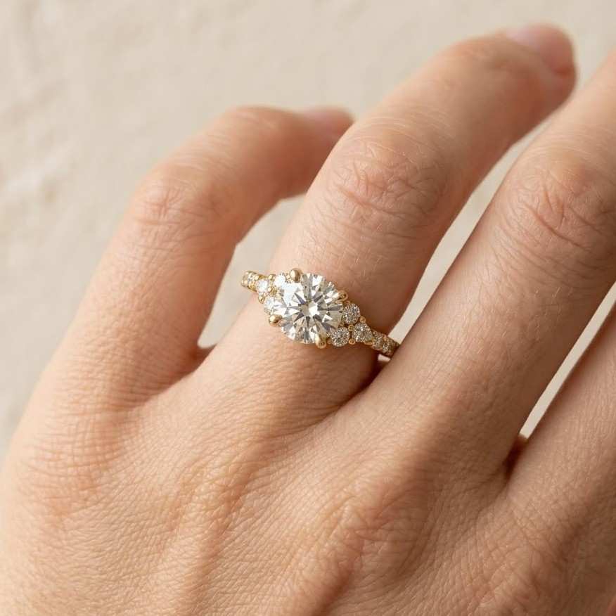 lab grown diamond three stone ring, minimalist engagement, classic setting
