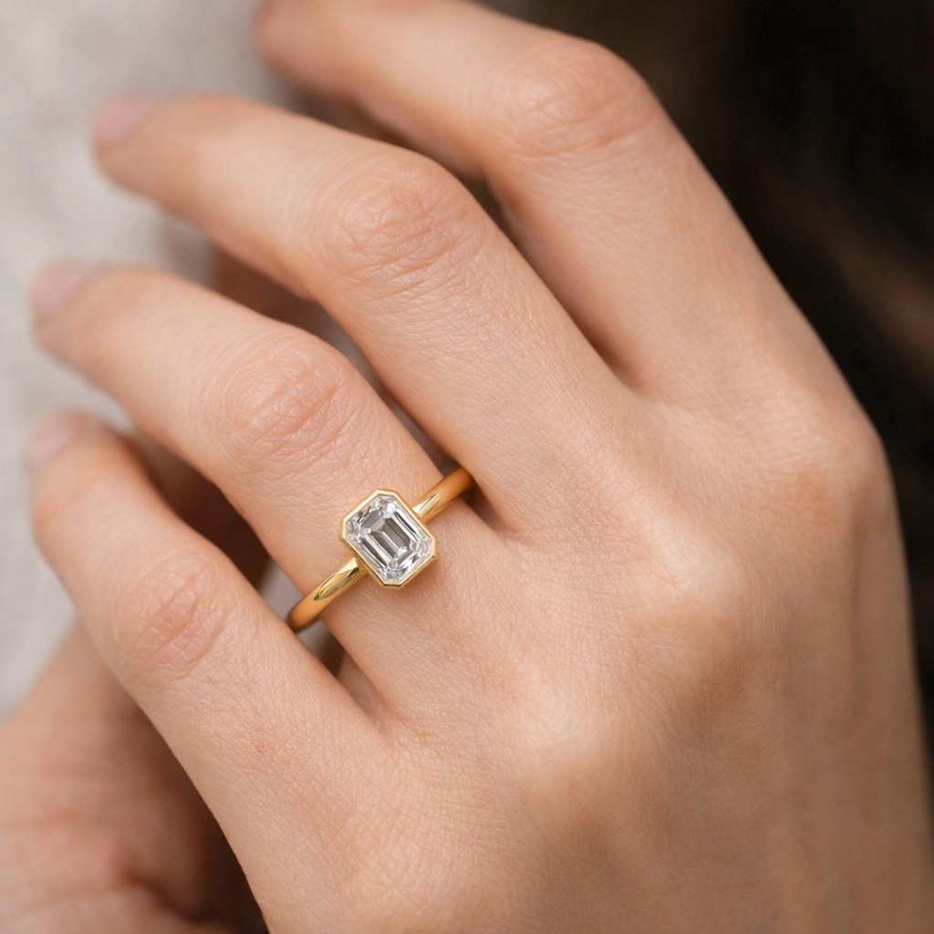 emerald cut moissanite solitaire ring - 2.45ct 14k solid gold minimalist bezel set engagement ring
