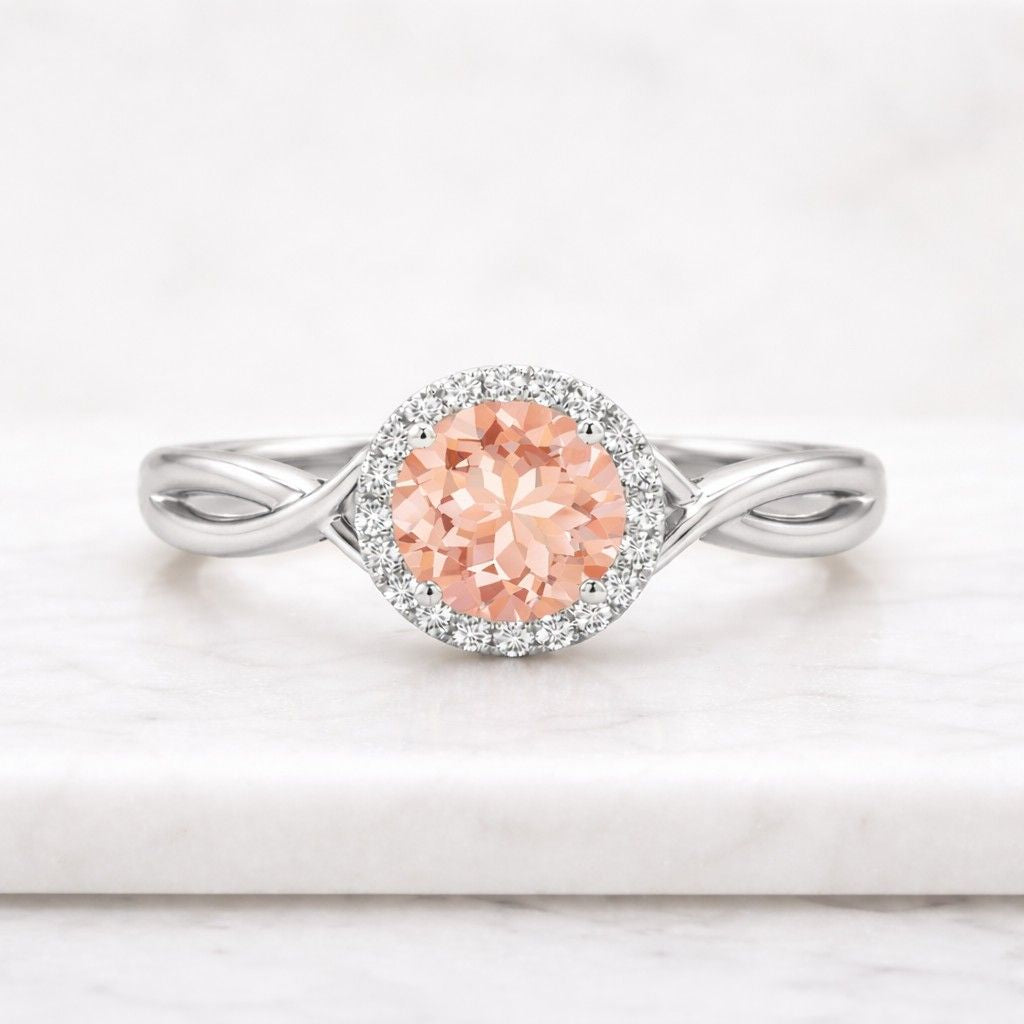 Round Natural Pink Tourmaline Engagement Ring 14K Yellow Gold Engagement Ring Art Deco Moissanite Halo Bridal Ring Promise Ring Gift for Her