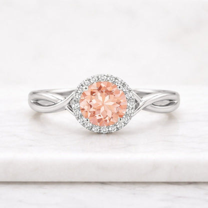 Round Natural Pink Tourmaline Engagement Ring 14K Yellow Gold Engagement Ring Art Deco Moissanite Halo Bridal Ring Promise Ring Gift for Her