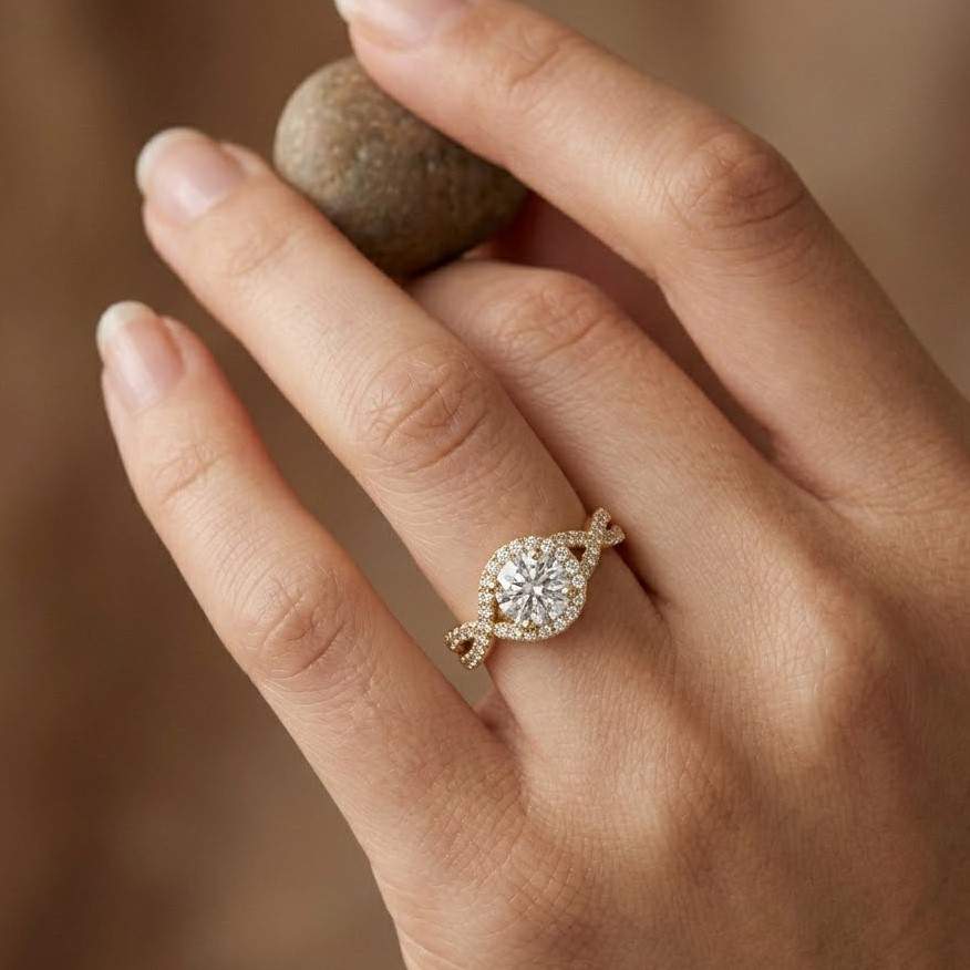 Round Lab Grown Diamond Engagement Ring, Twisted Pave Band Ring, Solitaire Diamond Ring, Bridal Ring, Promise Ring Gift