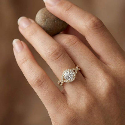 Round Lab Grown Diamond Engagement Ring, Twisted Pave Band Ring, Solitaire Diamond Ring, Bridal Ring, Promise Ring Gift