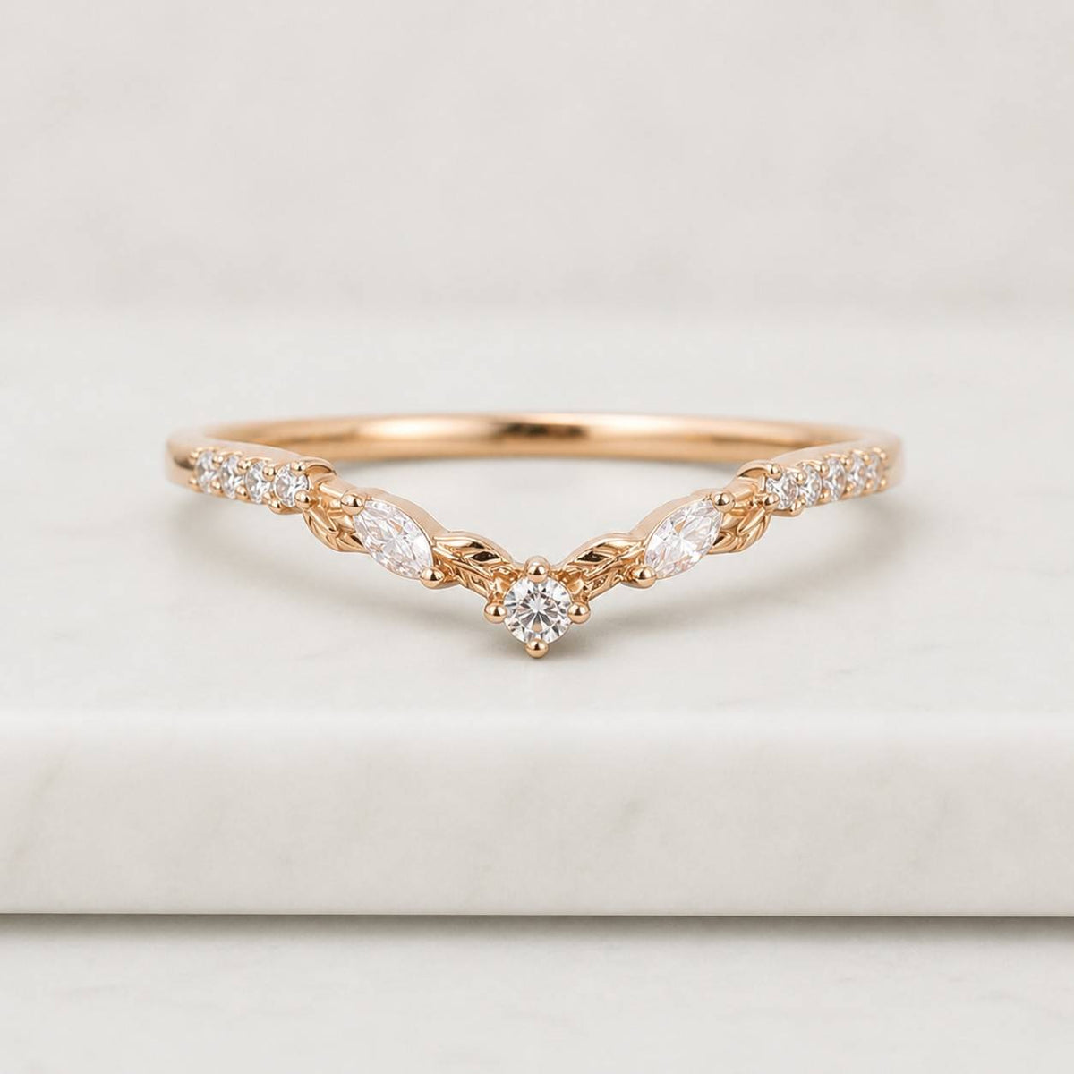 Marquise & Round Diamond Ring Unique Alternative Diamond Wedding Ring Solid White Yellow Rose Gold Ring Stackable Band Engagement Ring Gift