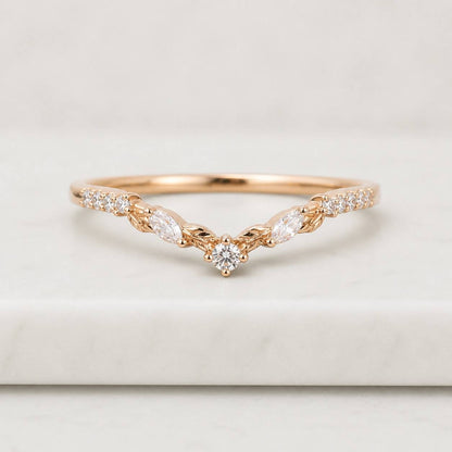 Marquise & Round Diamond Ring Unique Alternative Diamond Wedding Ring Solid White Yellow Rose Gold Ring Stackable Band Engagement Ring Gift