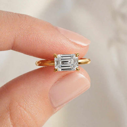 1CT Emerald Cut Lab Diamond Engagement Ring 14K Gold | East West Solitaire Ring | Stackable | IGI Certified
