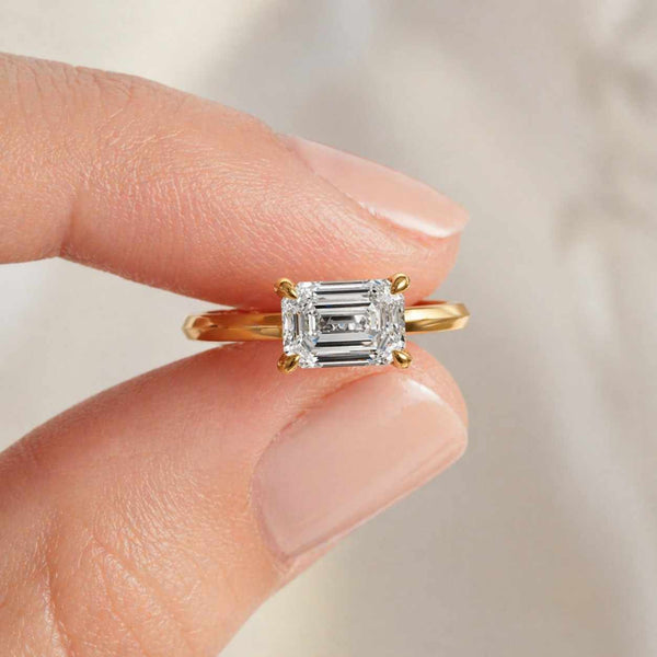 1CT Emerald Cut Lab Diamond Engagement Ring 14K Gold | East West Solitaire Ring | Stackable | IGI Certified
