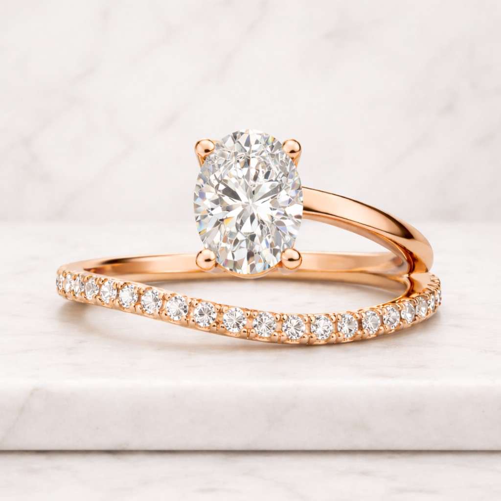 oval cut moissanite engagement ring, open wrap double shank with eternity wedding band, yellow gold handmade ring, unique diamond ring gifts
