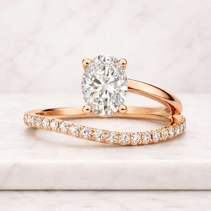 Oval Cut Moissanite Engagement Ring, Open Wrap Double Shank With Eternity Wedding Band, Yellow Gold Handmade Ring, Unique Diamond Ring Gifts
