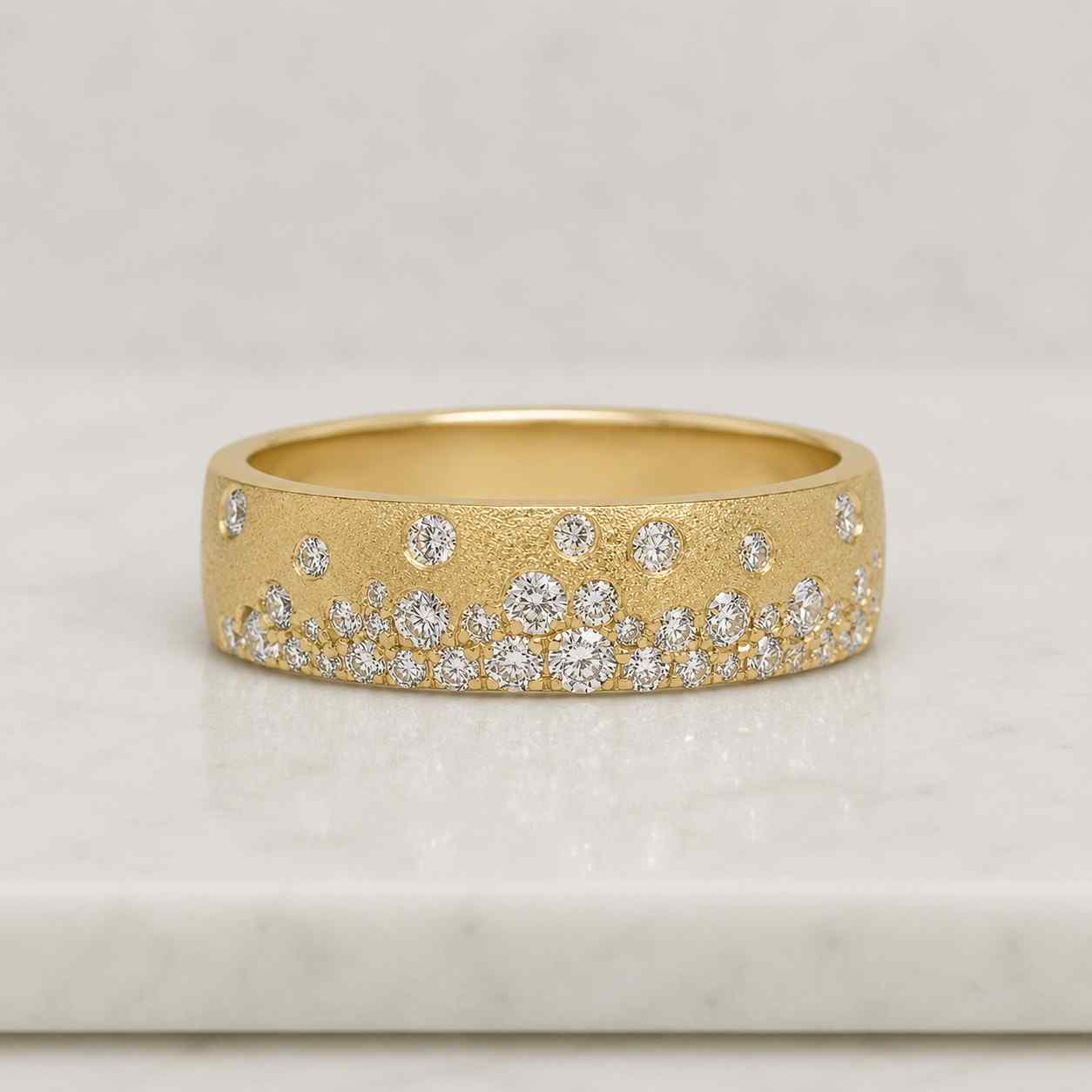 gold ring diamond ring band ring wedding band wide band textured ring matte finish flush set ring bubble ring scattered stones sparkle ring women ring bridal ring statement band luxury ring