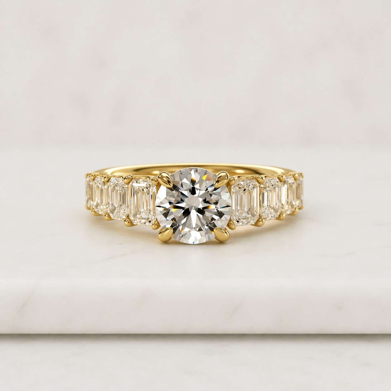 igi certified round lab grown diamond 3 ctw 3 stone emerald cut side engagement ring, 14k solid gold.
