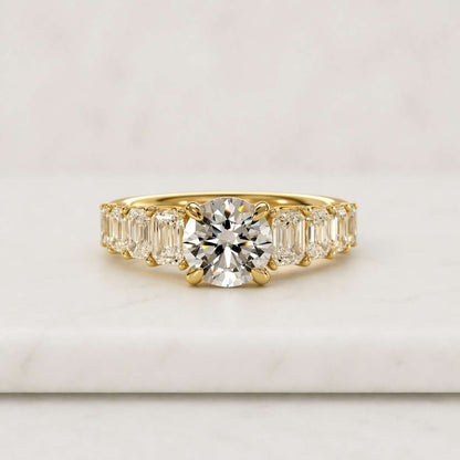 IGI Certified Round Lab Grown Diamond 3 CTW 3 Stone Emerald Cut Side Engagement Ring, 14K Solid Gold.
