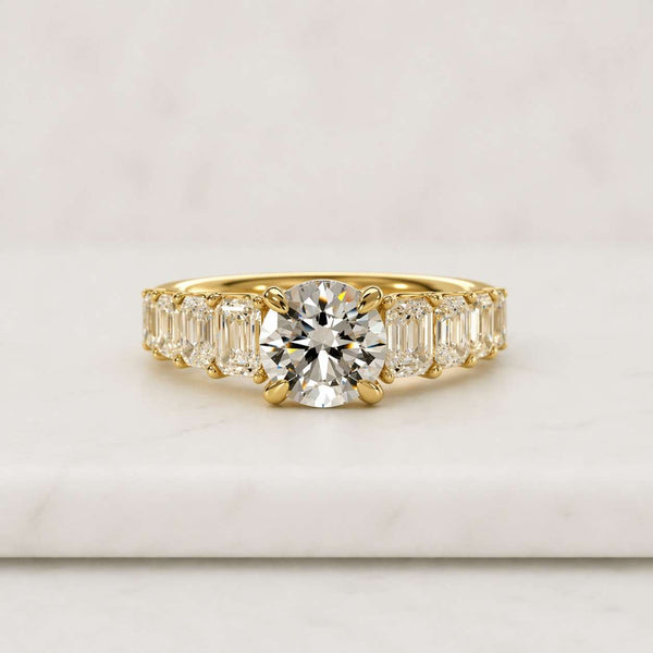 IGI Certified Round Lab Grown Diamond 3 CTW 3 Stone Emerald Cut Side Engagement Ring, 14K Solid Gold.
