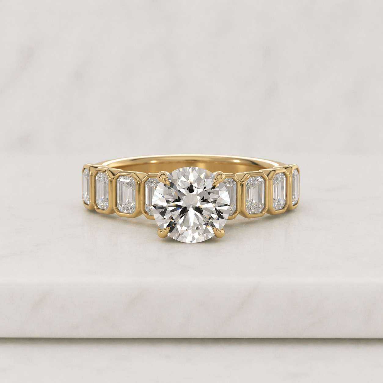 lab grown alternating wedding ring, emerald-cut and round diamonds, bezel set bridal ring, solid gold ring, mix shape diamond ring, briony
