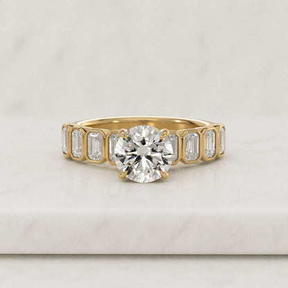 Lab Grown Alternating Wedding Ring, Emerald-cut and Round Diamonds, Bezel Set Bridal Ring, Solid Gold Ring, Mix Shape Diamond Ring, Briony
