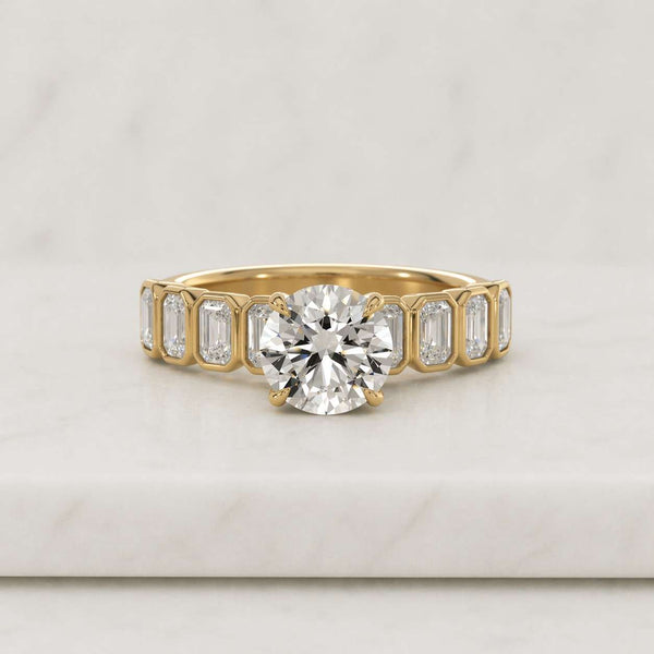 Lab Grown Alternating Wedding Ring, Emerald-cut and Round Diamonds, Bezel Set Bridal Ring, Solid Gold Ring, Mix Shape Diamond Ring, Briony

