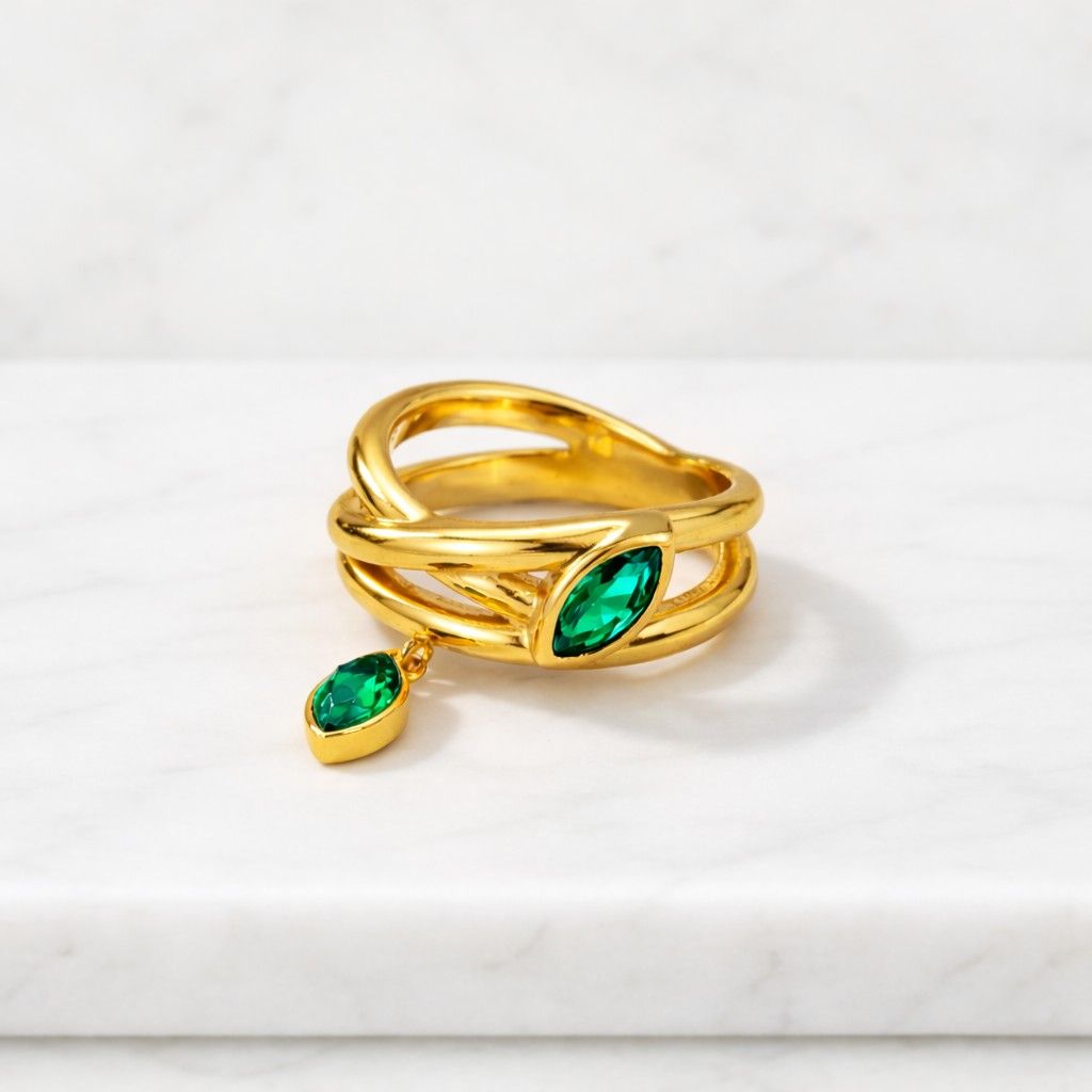 gold ring green stone ring marquise ring wrap ring open ring statement ring fashion ring women ring adjustable ring layered ring double band ring dangling charm ring