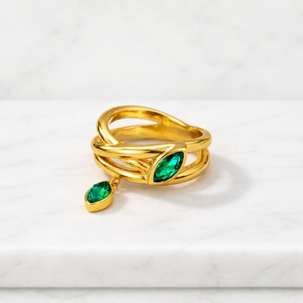 gold ring green stone ring marquise ring wrap ring open ring statement ring fashion ring women ring adjustable ring layered ring double band ring dangling charm ring