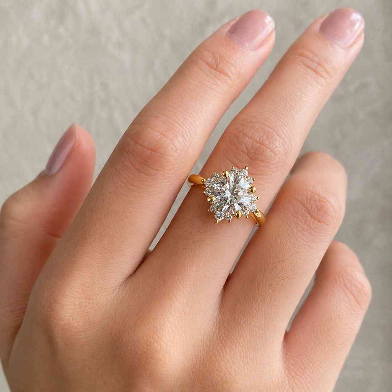 round cut lab grown diamond halo engagement ring, floral cluster diamond ring starburst vintage wedding ring, anniversary gift ring for her
