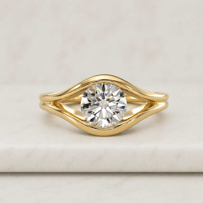 Round Moissanite Engagement Ring, 14K Gold Bypass Solitaire Ring, Unique Swirl Design, Alternative Promise Ring, Anniversary Gift
